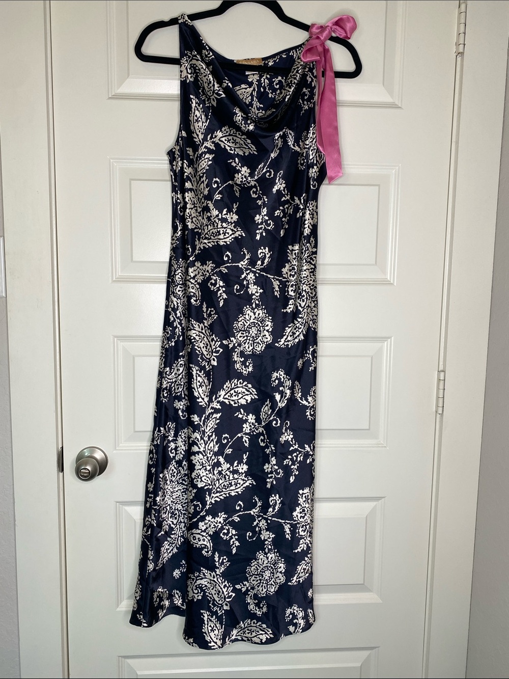 Vintage Navy Floral Satin Maxi Dress with Pink Shoulder Tie